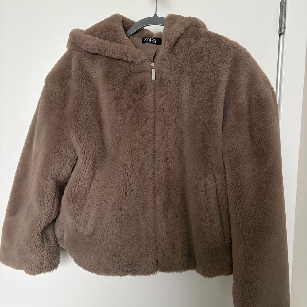 Zara Plush Teddy Jacket in Tan - Picture 2 of 4